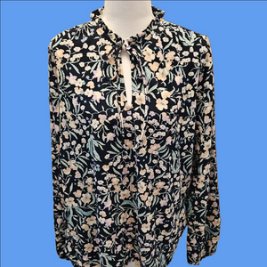 LOFT Black and White Tie Front Long Sleeve Blouse